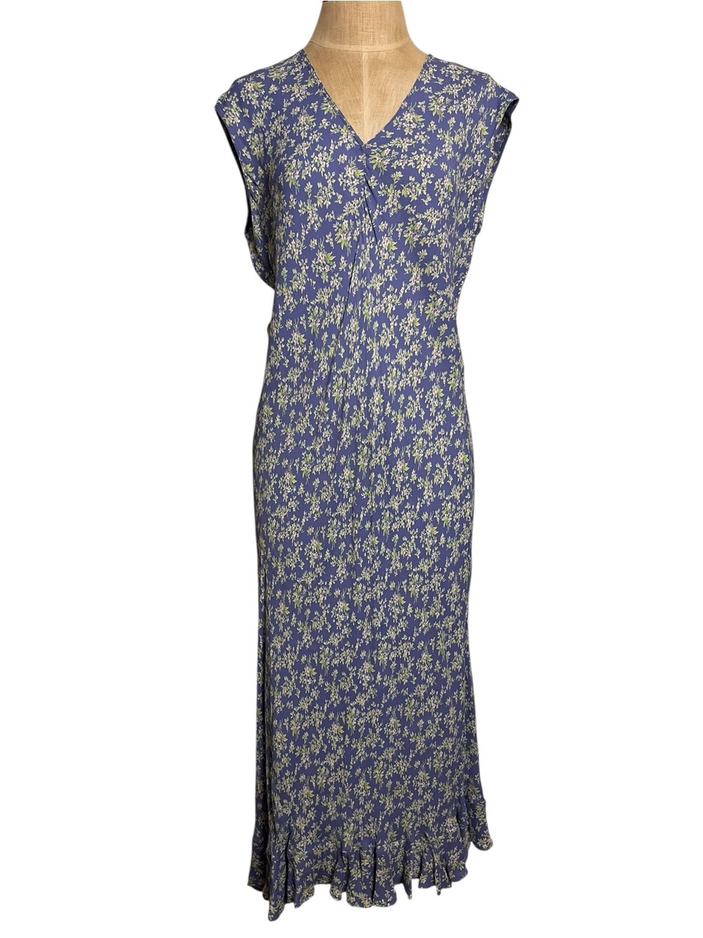 Vintage April Cornell 90’s Blue Green Ditzy Floral Bias Cut Slip Dress — XL